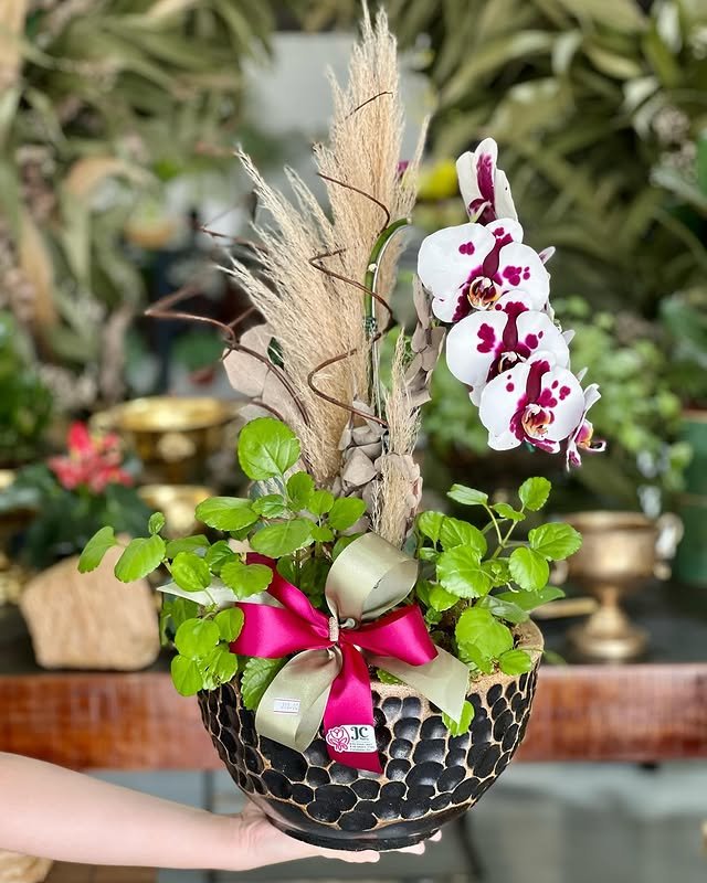Arranjo de orquídea roxa tropical com plantas JC Flores